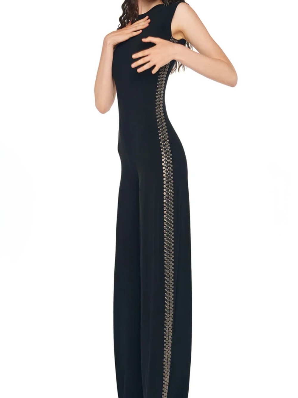 Norma Kamali Studded Black Sleeveless Wide Leg Jumpsuit Party DateNight Glam M